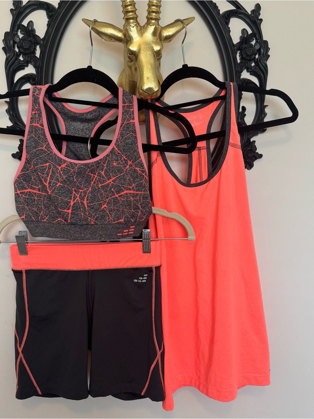 bcg Neon Coral and Gray Athletic Tank, Sports Bra & Shorts Set